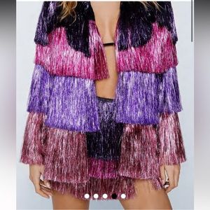 Metallic Two Piece Tiered Fringe Open Front Jacket